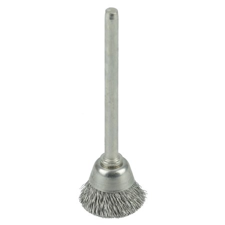 WEILER 5/8" Miniature Wire Cup Brush, .005" Stainless Steel Fill, 1/8" Stem 26076